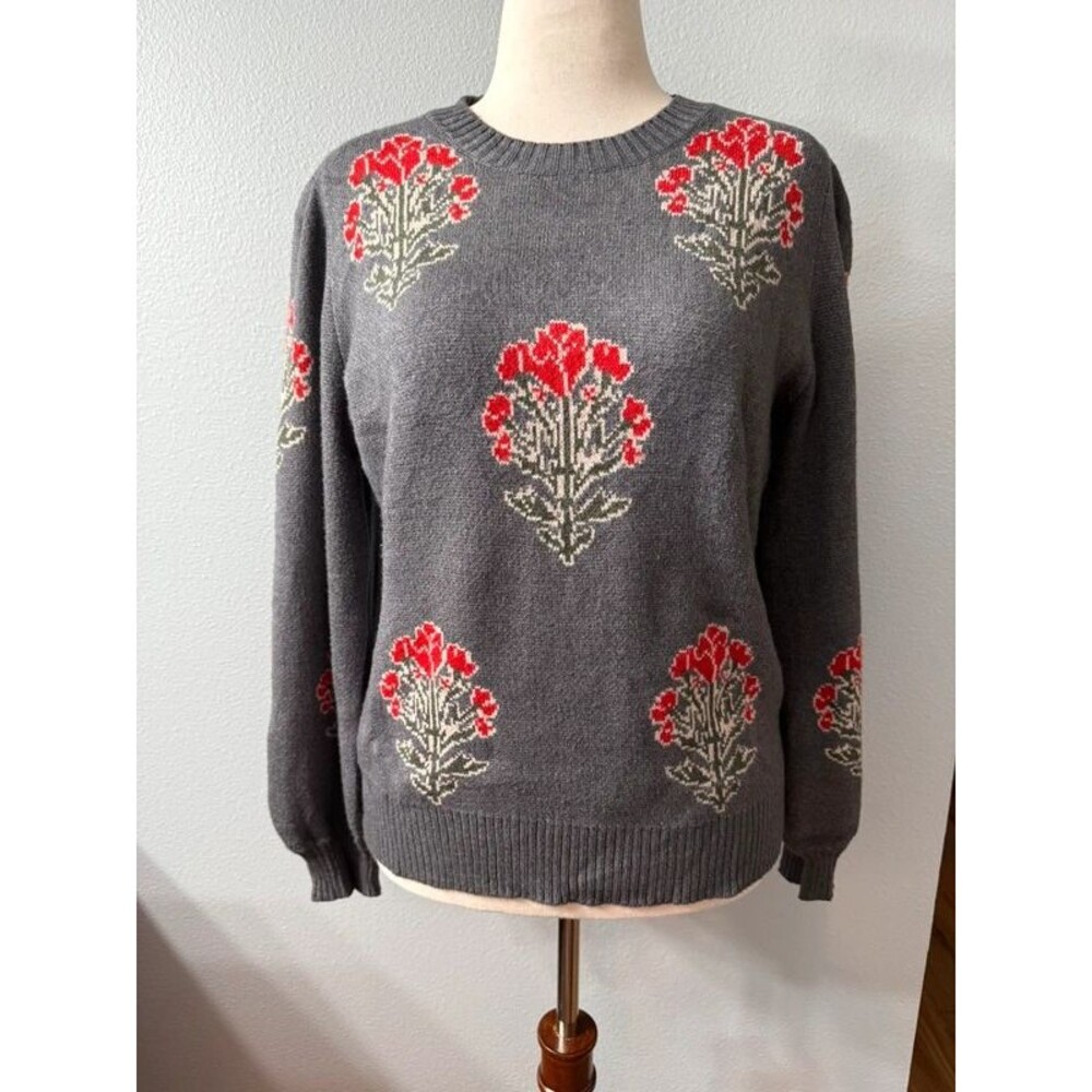Umgee Floral Intarsia Knit Sweater Gray Red Crewneck Size Large